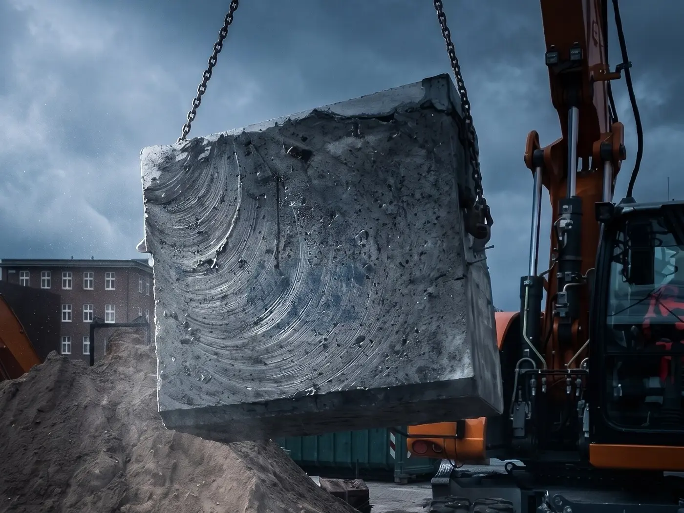 Herausgesägter Betonblock mit Sägespuren hängt an Ketten am Bagger