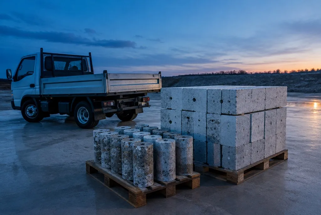 Betonkerne und Betonblöcke auf Paletten, daneben ein Kipper-Lkw im Abendlicht