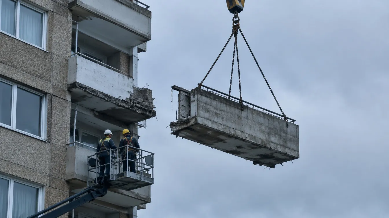 Eine abgetrennte Balkonplatte hängt am Kranhaken vor einer Wohnhausfassade, zwei Arbeiter stehen auf der Hebebühne