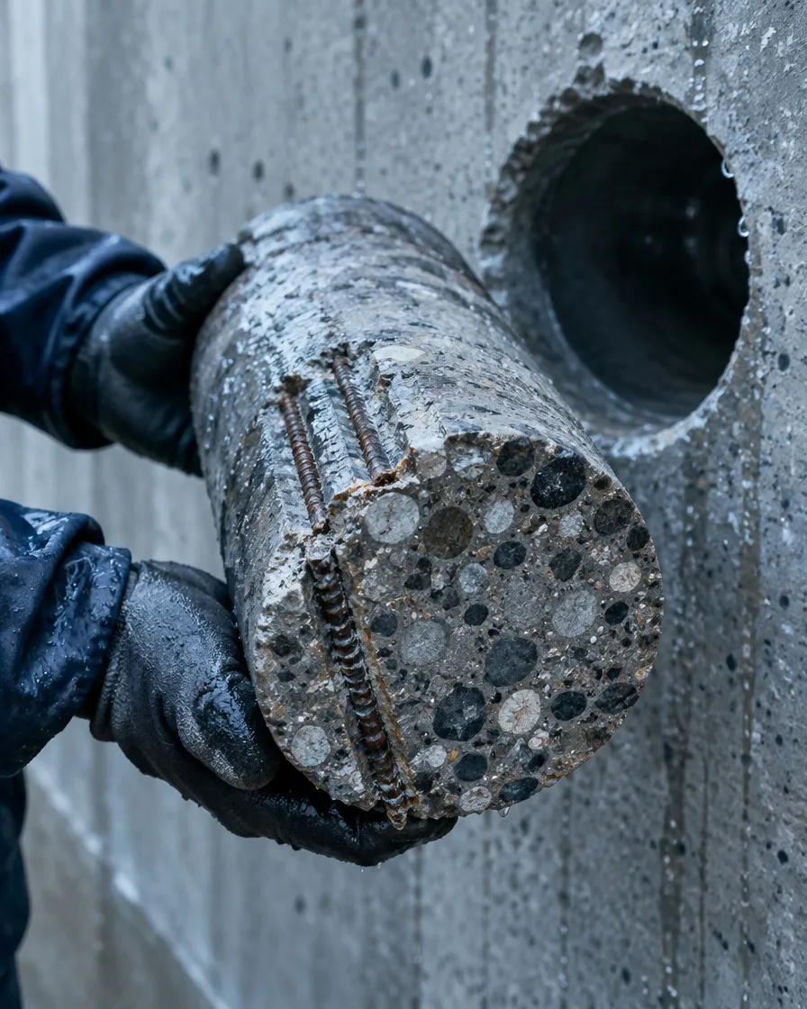 Hand in Arbeitshandschuh hält einen frisch gezogenen Betonkern mit Bewehrungsstahl neben dem Bohrloch in der Wand