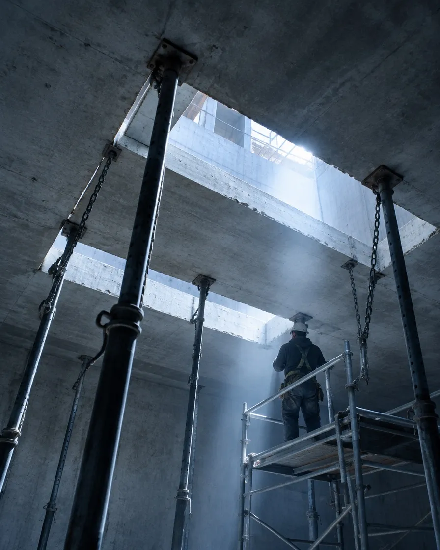 Von unten gesehen: Öffnung in einer Betondecke, ein Arbeiter auf dem Gerüst, Stützen tragen die Decke