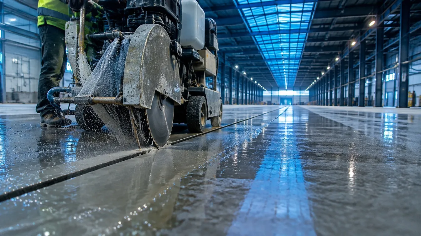 Fugenschneider fährt über den nassen Boden einer großen Industriehalle und zieht eine Fuge