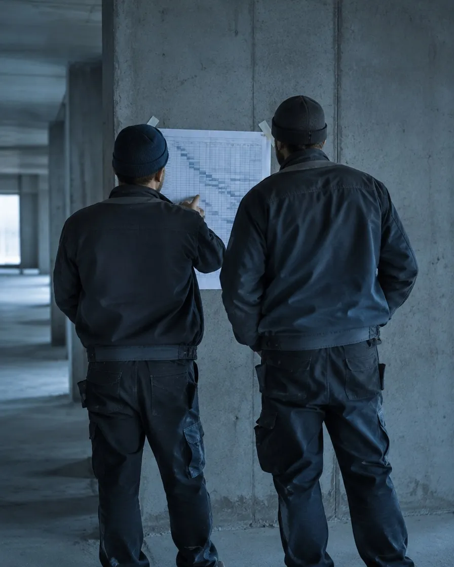 Zwei Handwerker stehen von hinten in einem Rohbau-Flur vor einem Terminplan an der Wand