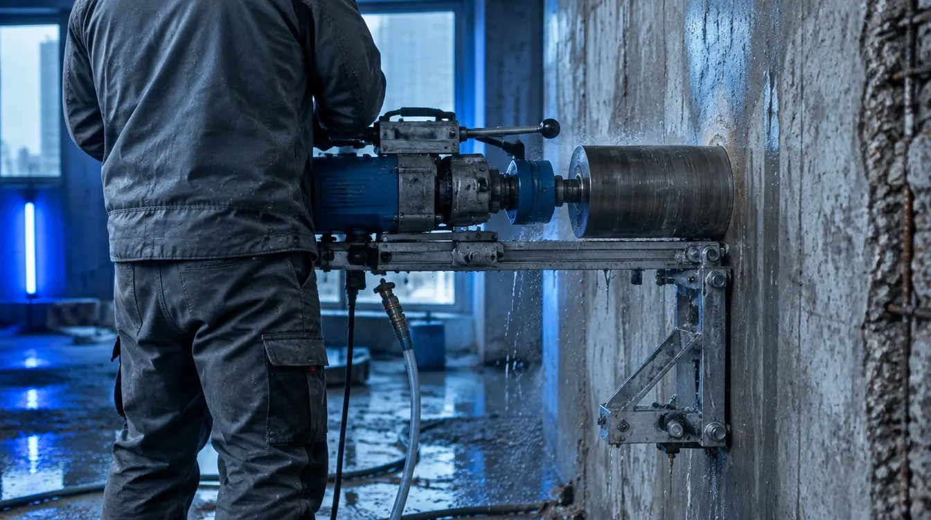 Arbeiter bohrt mit einem Kernbohrgerät auf Ständer durch eine nasse Betonwand, im Fenster eine Stadtsilhouette am Wasser