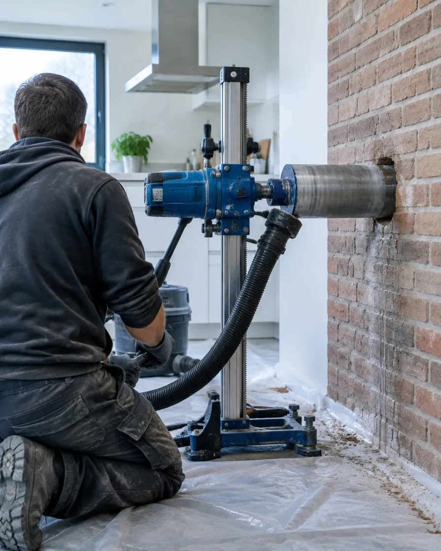 Handwerker kniet in einer Küche und bohrt mit einem Kernbohrgerät durch die Backsteinwand, der Wassersauger steht daneben