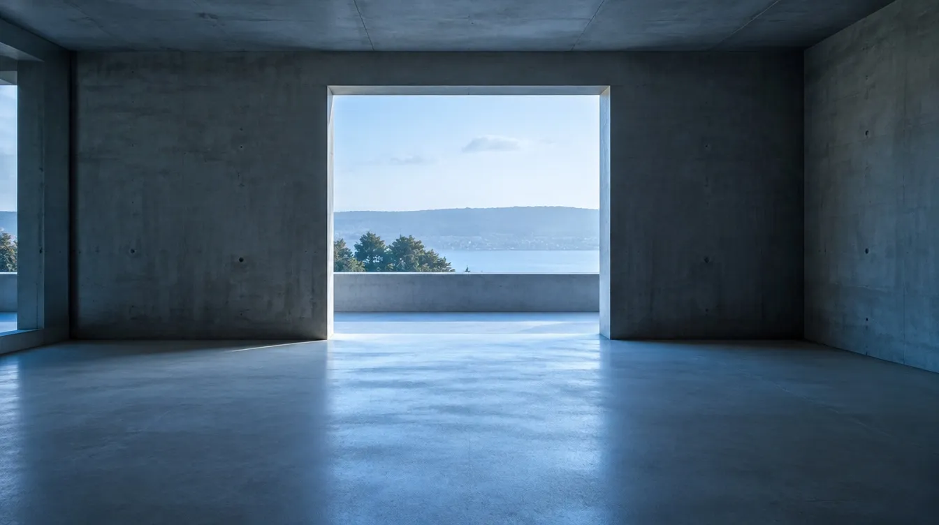 Fertige Wandöffnung in einem Betonraum mit Blick auf Hügel und Wasser