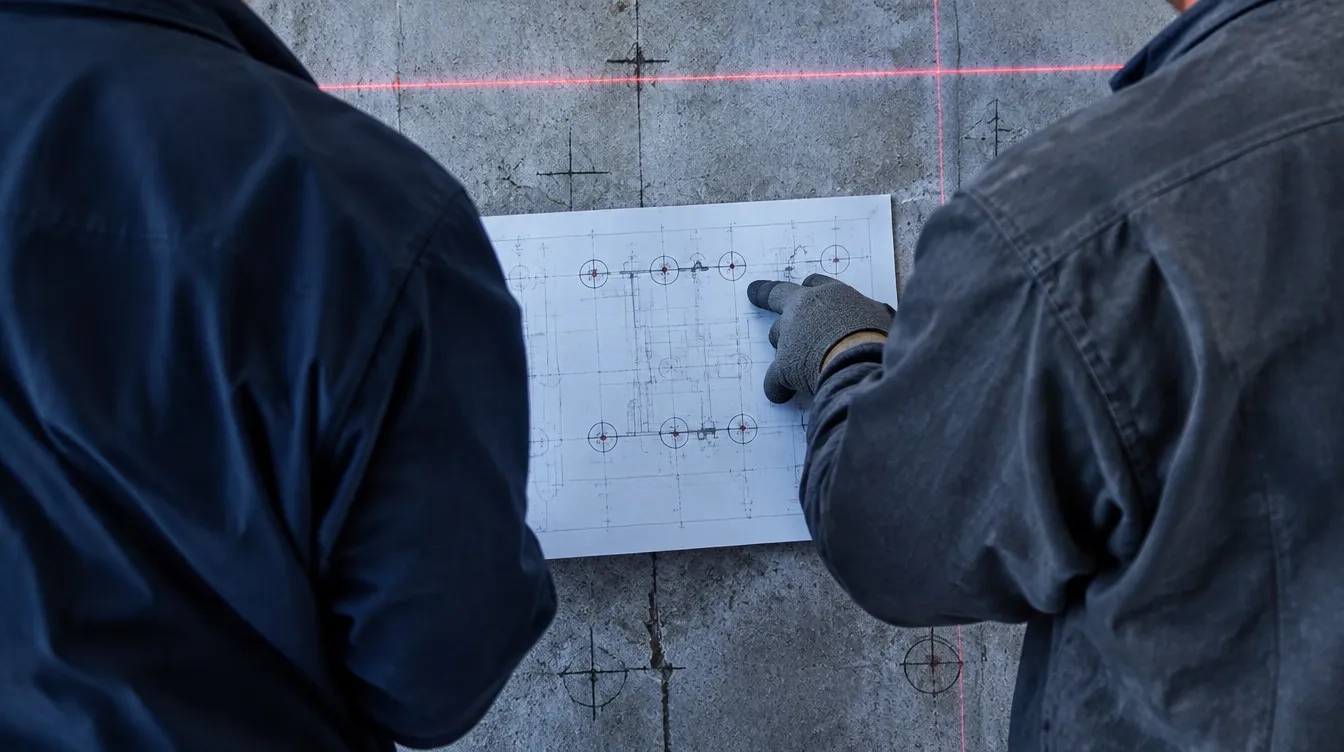 Zwei Männer besprechen einen Plan an einer Betonwand mit Anzeichnungen und Laserlinie