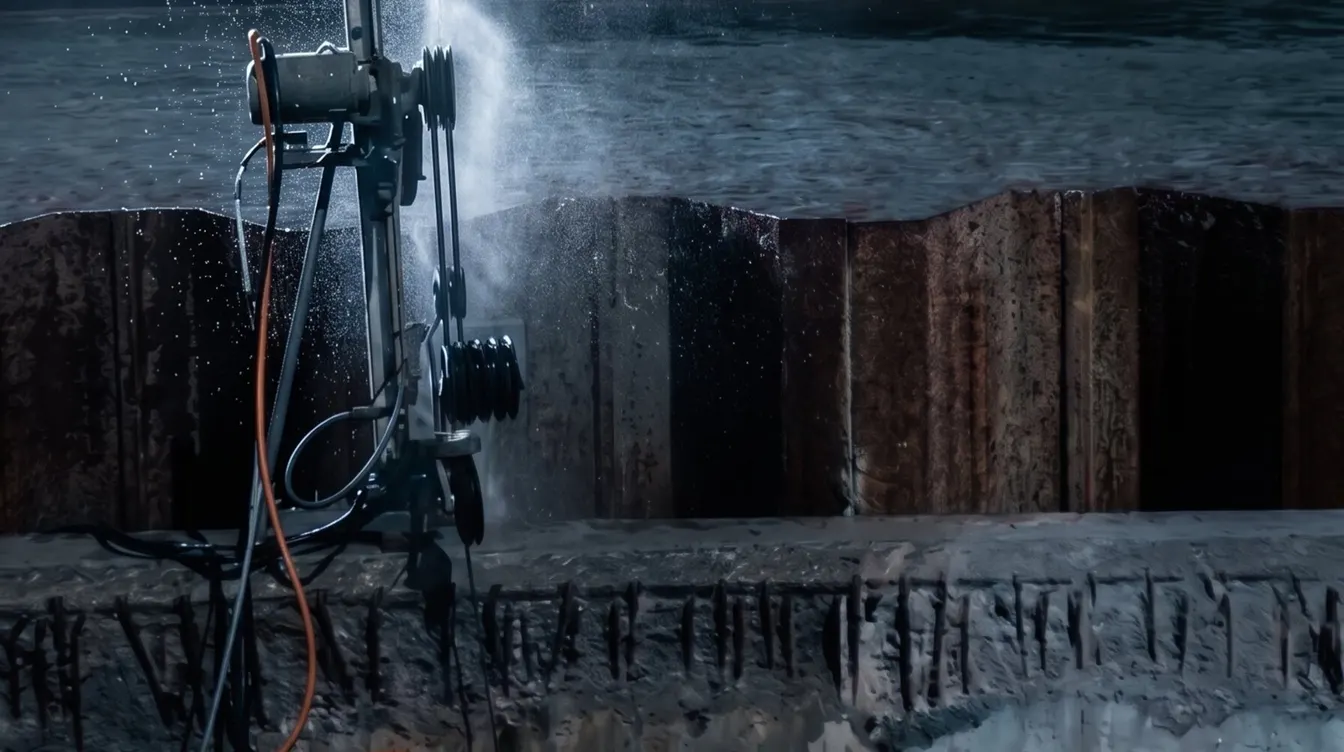 Wandsäge schneidet an einer Kaimauer im Hafen, dahinter eine Fähre