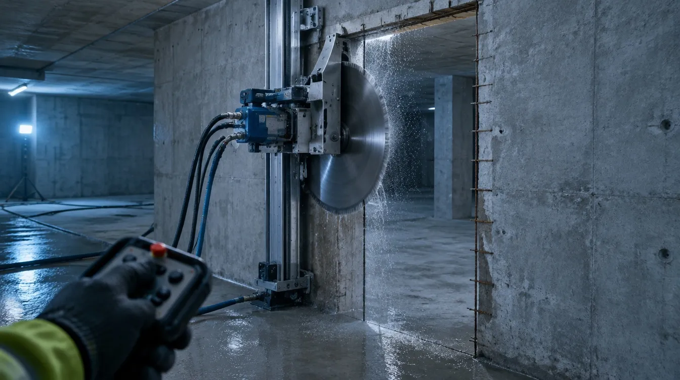 Wandsäge mit großem Sägeblatt auf einer Schiene schneidet in einer Tiefgarage eine Öffnung in die Betonwand, Wasser läuft herab